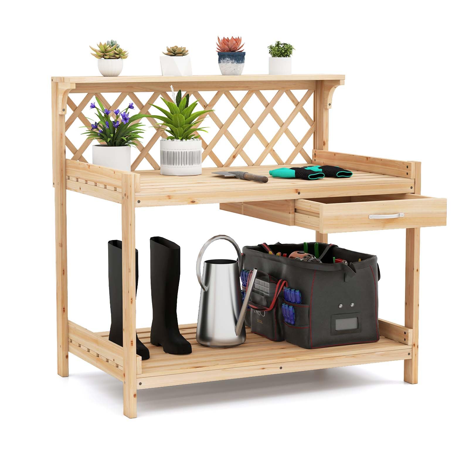 COSTWAY Table de Rempotage en Bois de Sapin avec Treillis à Claire-Voie, Table de Jardinage avec Tiroir Amovible Étagère Ouverte, Poste de Travail pour Arrière-Cour Balcon Pelouse