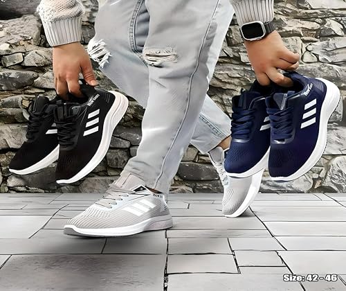 حذاء كاجوال للرجال مصنوع من مواد فاخرة مطابق للصور ومريح للغاية وخفيف الوزن - رمادي وأسود وكحلي - تصميم ماستر 3 أسود، مقاس 46 واسع