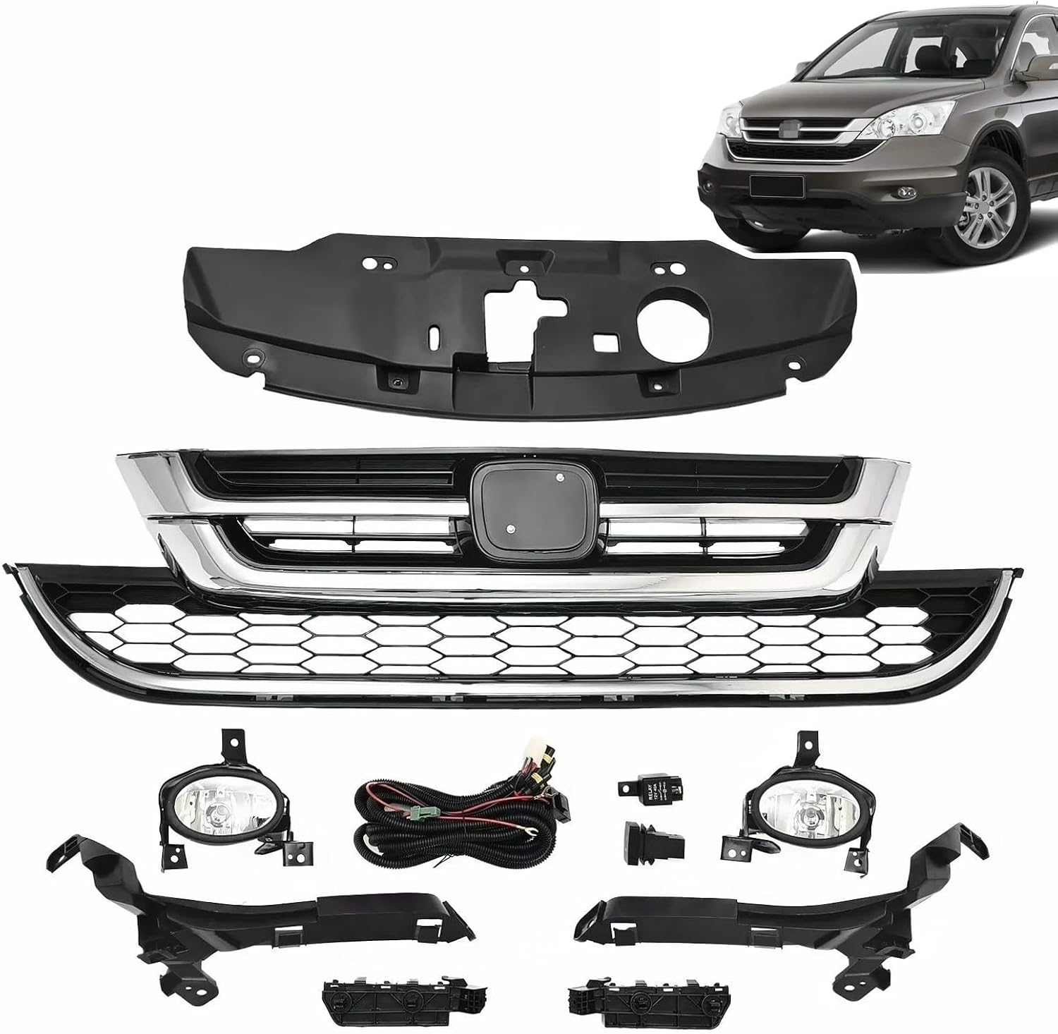 Front Bumper Upper Lower Chrome Grille + Fog light Kit+4 brackets Fit for H0NDA CR-V 2010-2011 71141-SWA-000 71125-SWA-J31