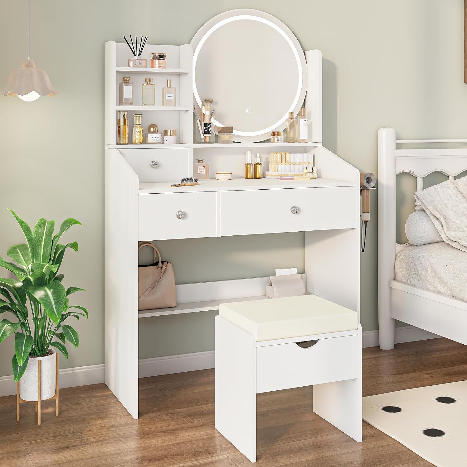 Viaozutis Vanity Desk with LED Mirror and Power Outlet, Makeup Vanity Table with Storage and Stool, 3 Lighting Modes, Compact Vanity for Bedroom, Small Space Beauty Station White