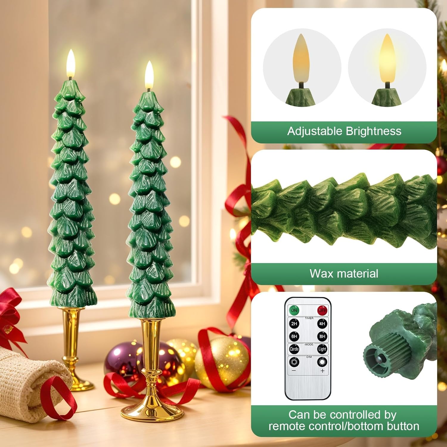 Christmas Tree Candles LED Flameless Taper Candles 3PCS with Remote and Timer 3D Light, Flickering Flame for Christmas Home Decorations 9.7 Inch Candlesticks Battery Operated