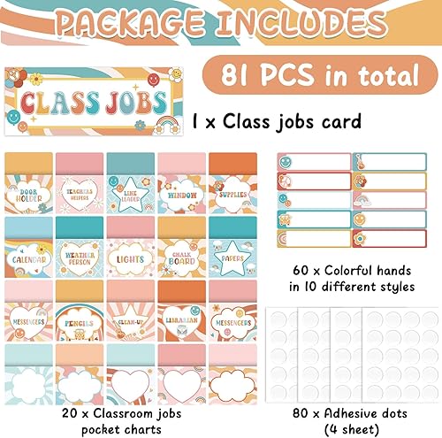 Miniatura 3 de ZOiiWA Juego de 81 tablones de anuncios Groovy Class Jobs con temática hippie para trabajos en el aula, juego de gráficos de bolsillo para ayudante