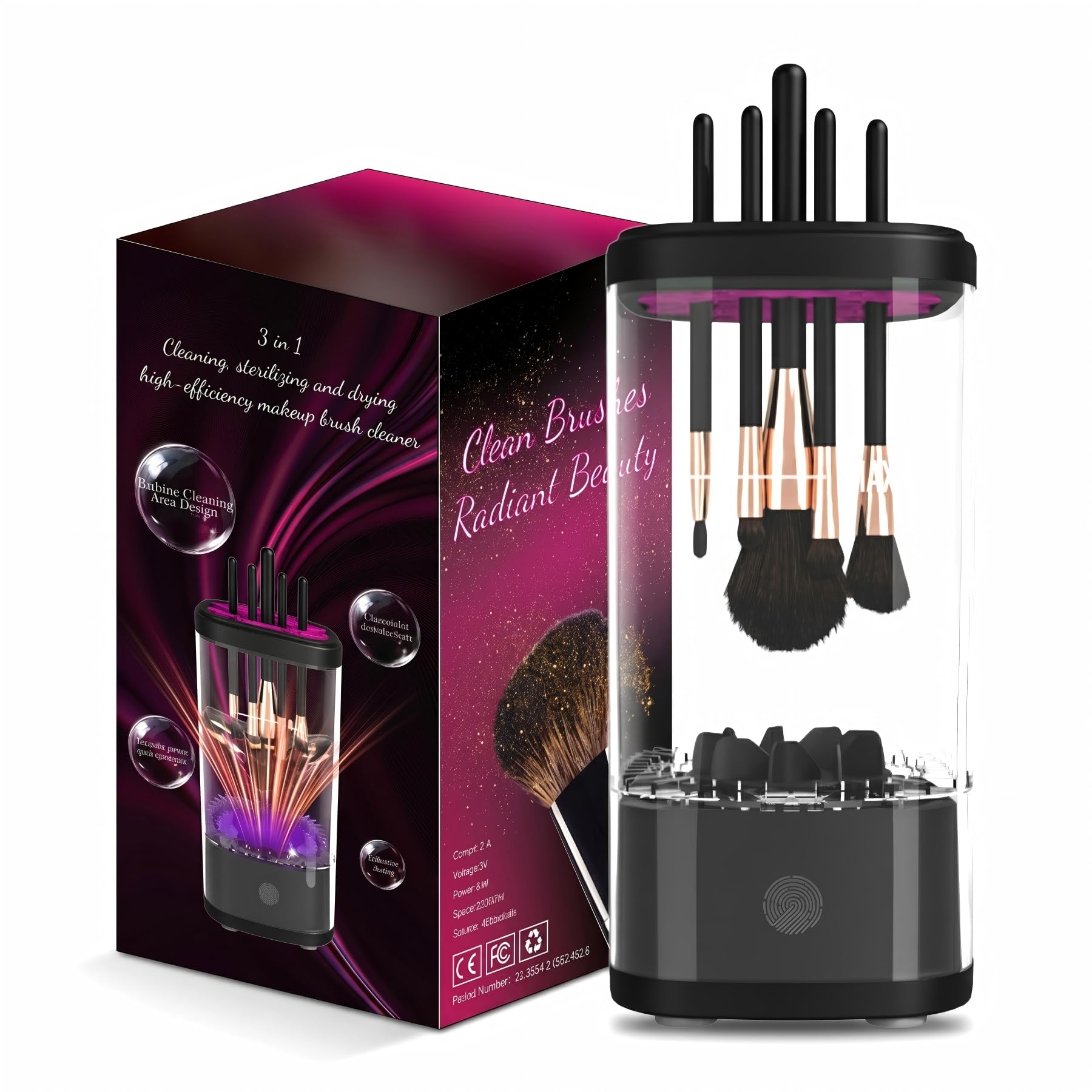 Elektrischer Makeup Pinsel Reiniger mit Trocknung & UV-Desinfektion, 6500RPM Automatischer Pinselwaschmaschine, Leise Transparent Großes Fassungsvermögen Type-C für Zuhause Reise