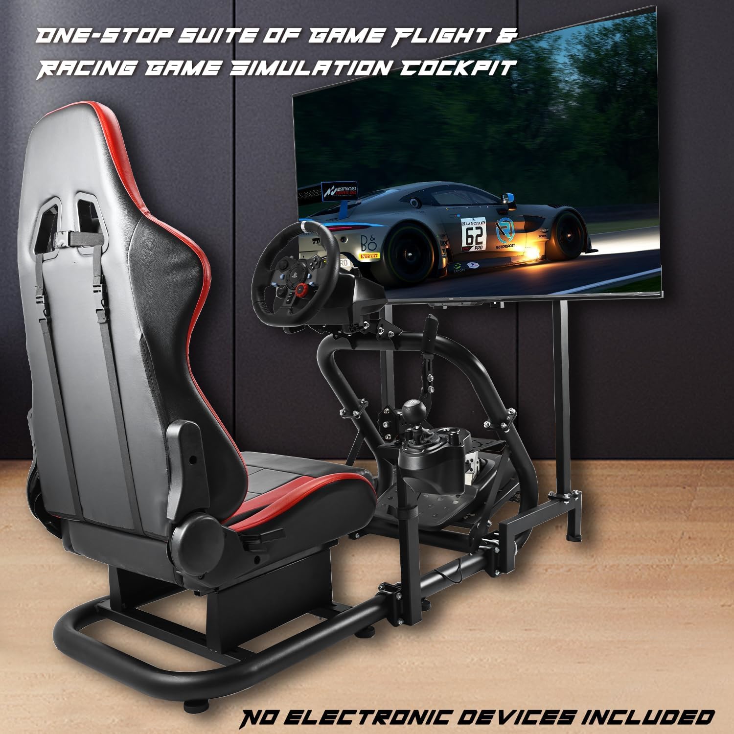 Anman Racing Simulator Cockpit Pro with Seat Professional Sim Racing Wheel Frame Large Round Tube Fully Adjustable without Pedal Wheel and Handbrake (COCKPIT TV PRO - RED)