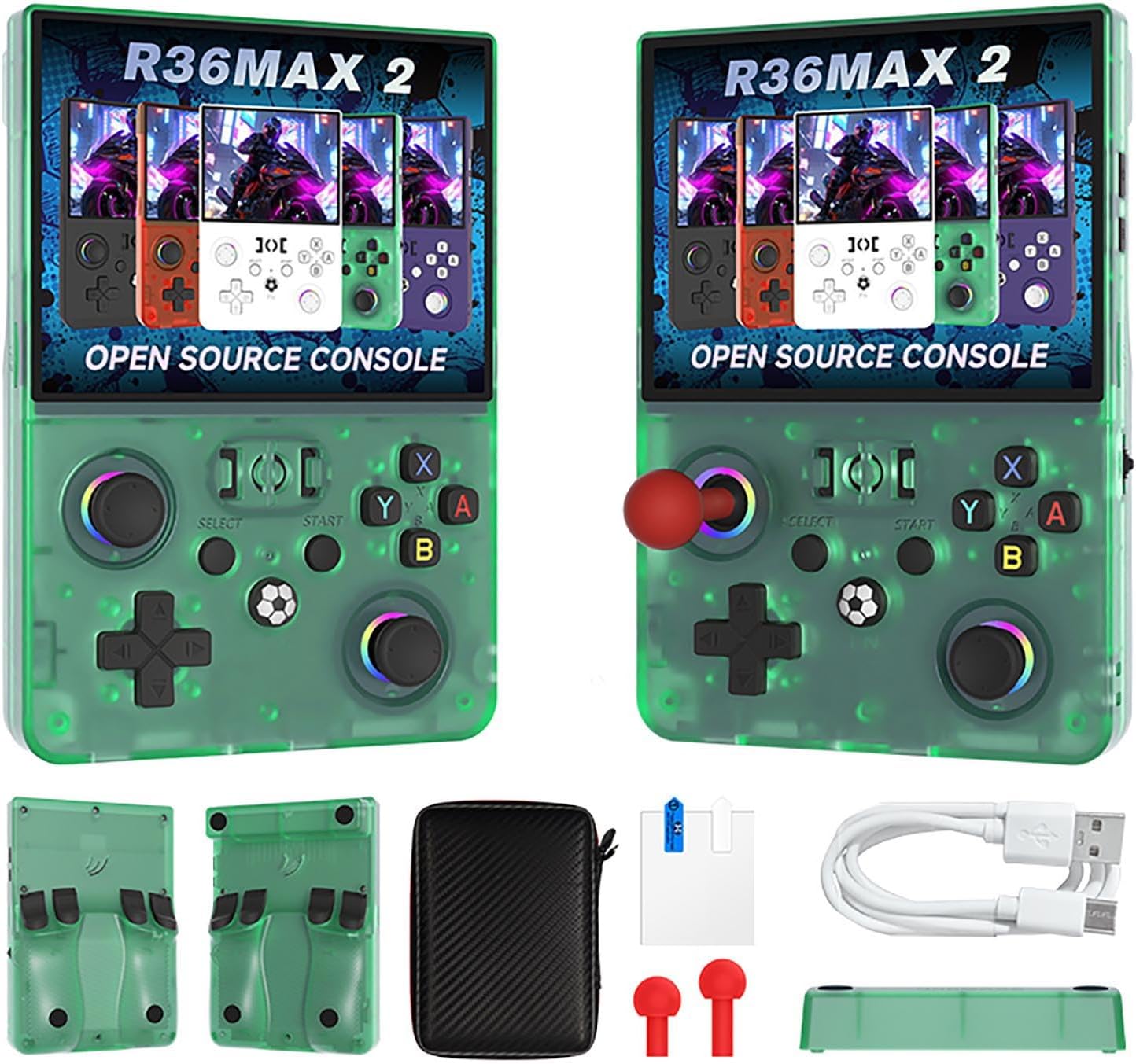 R36MAX 2 Handheld Portable Retro Game Console Device with WiFi, 4.5” IPS Screen, 4000mAh Long Battery, Open System System, Compact Travel Gaming Console, 128G (Transparent Green)