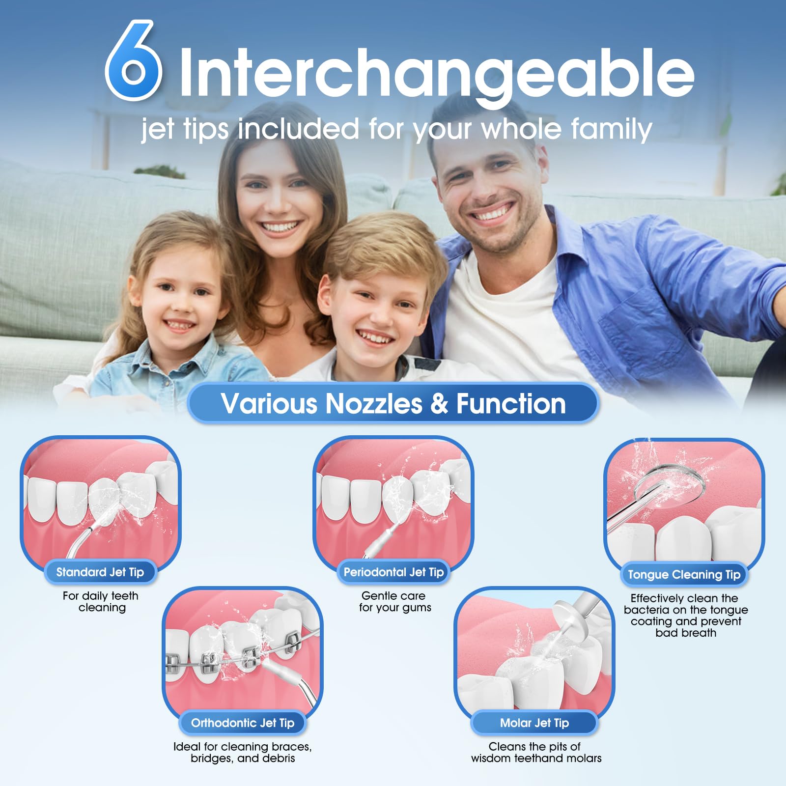 Idropulsore per denti, irrigatore orale portatile senza fili con serbatoio da 300 ml, 4 modalità, 6 punte a getto, IPX7 impermeabile ricaricabile filo interdentale per bretelle, cura delle gengive