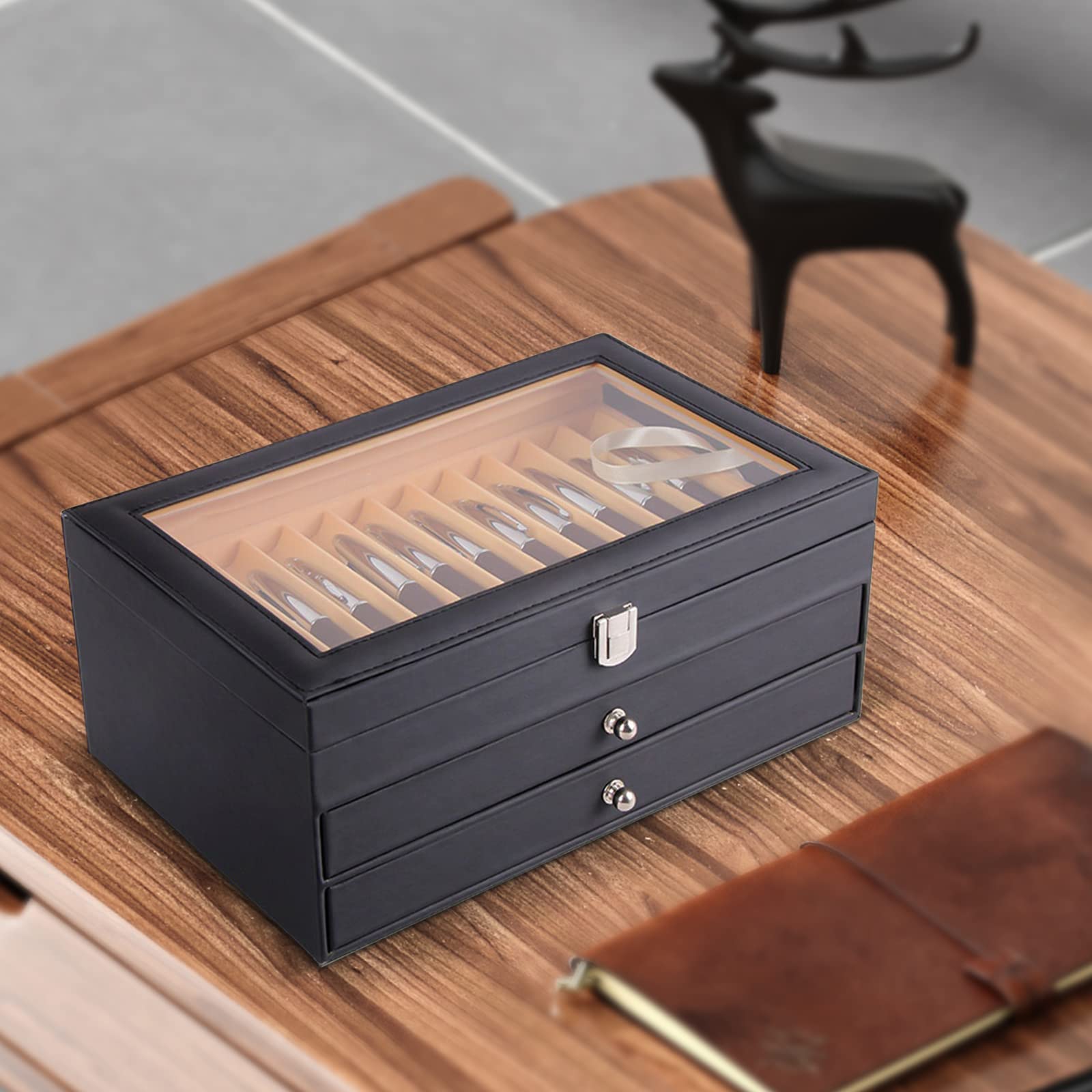 Vulpen opbergdoos - 7-laags 78 sleuven houten vitrine met doorzichtig glazen vensterdeksel, luxe pennencollectie organizer doos en lade