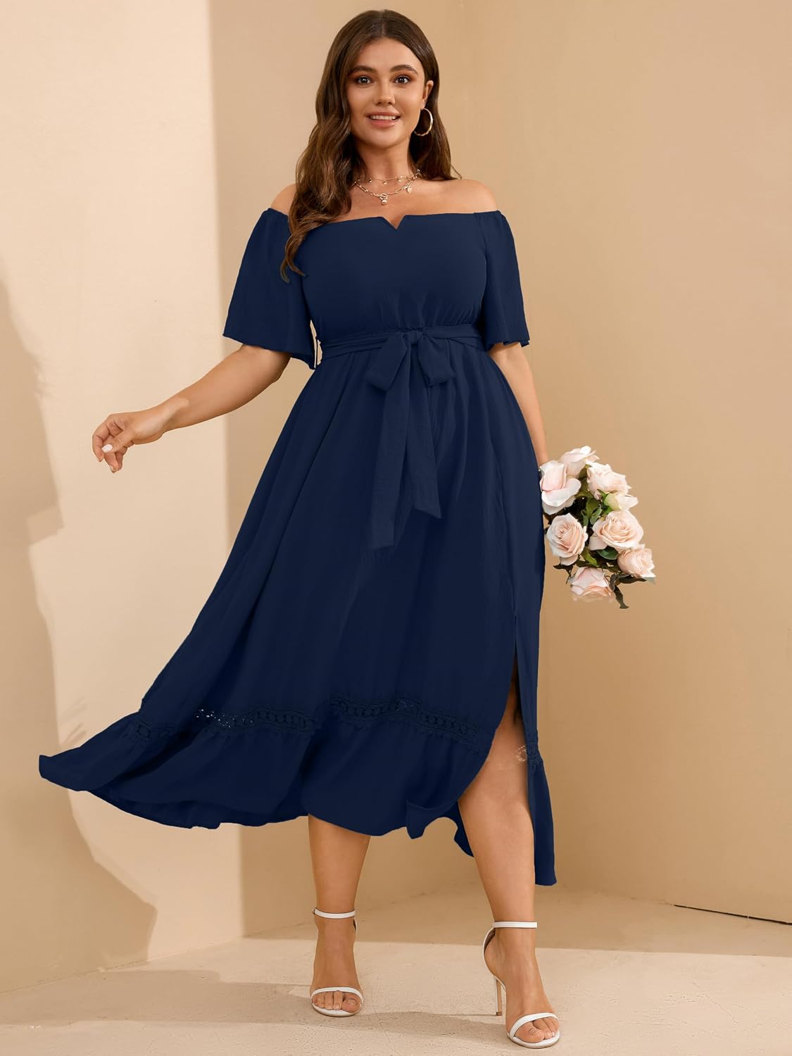 RWJ Women's Plus Size Dress for Cocktail Wedding Guest Formal V Neck Off The Shoulder Maxi Dress with Belt