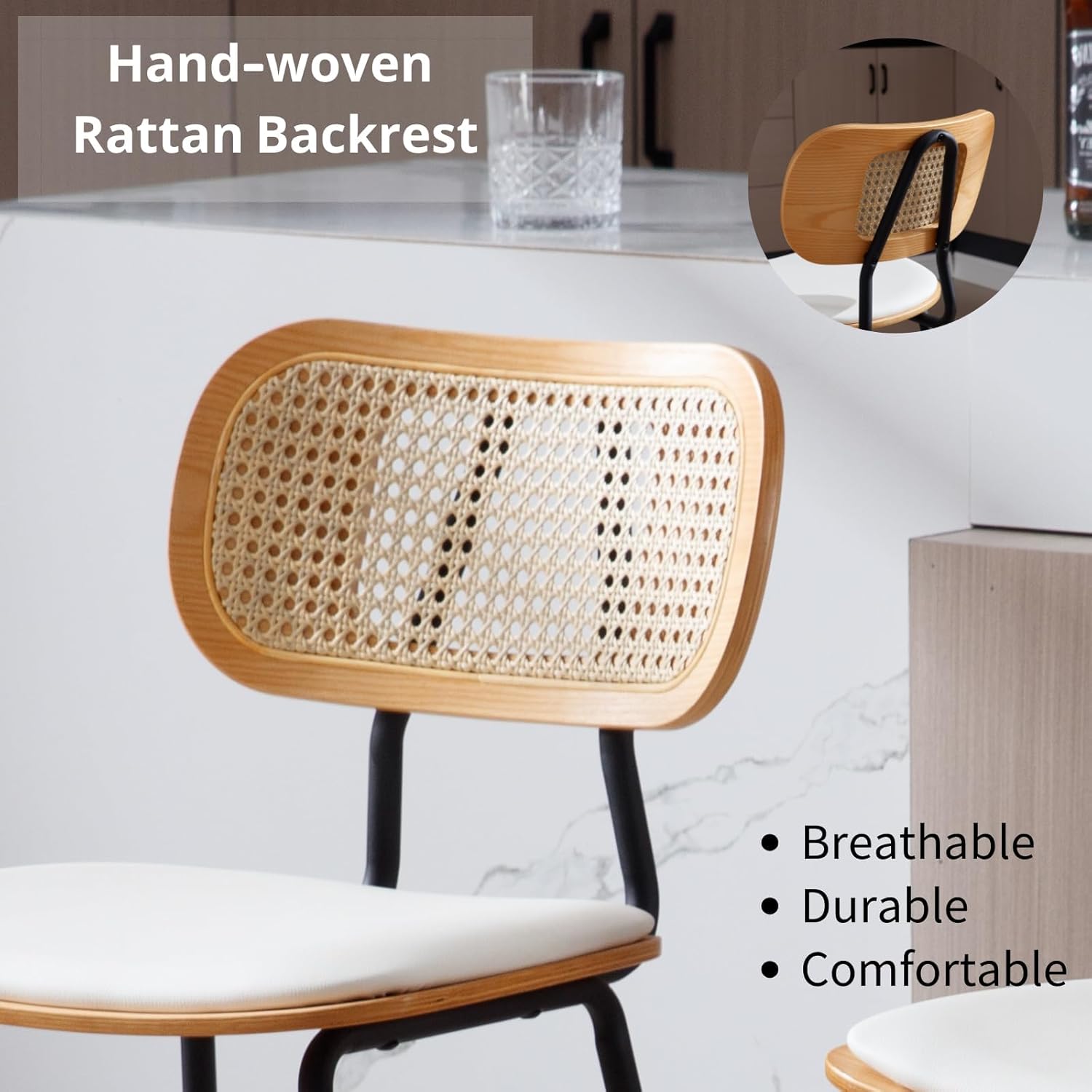 HEAH-YO Rattan Counter Stools Set of 2, 26 Inches Counter Height Bar Stools with Rattan Back and Metal Legs, Faux Leather Kitchen Stools for Island, PU White