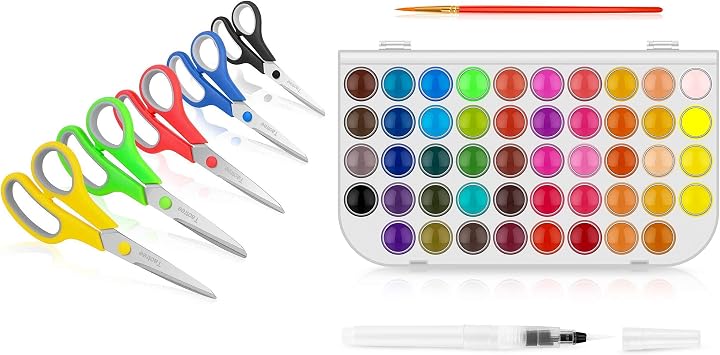 Scissors, Taotree 8" Multipurpose Scissor Bulk Pack of 5 & Watercolor Paint Set, Taoree 48 Color Watercolor Cake & a Brush and a Refillable Water Brush Pen