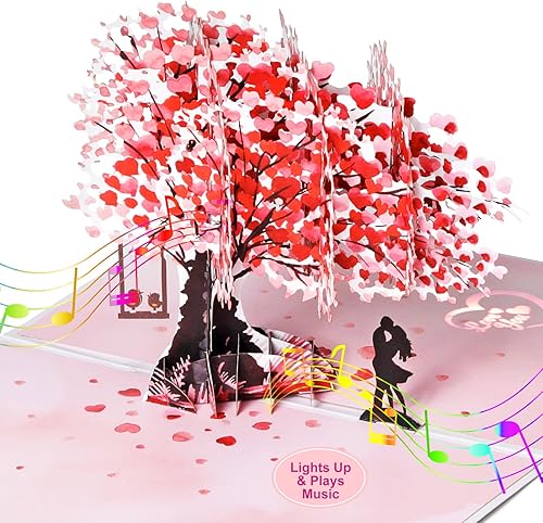 YunXianger Tarjeta de feliz aniversario, tarjeta de aniversario con luces y música, 3D Pop Up Tree Tarjeta del día de San Valentín para ella, él,