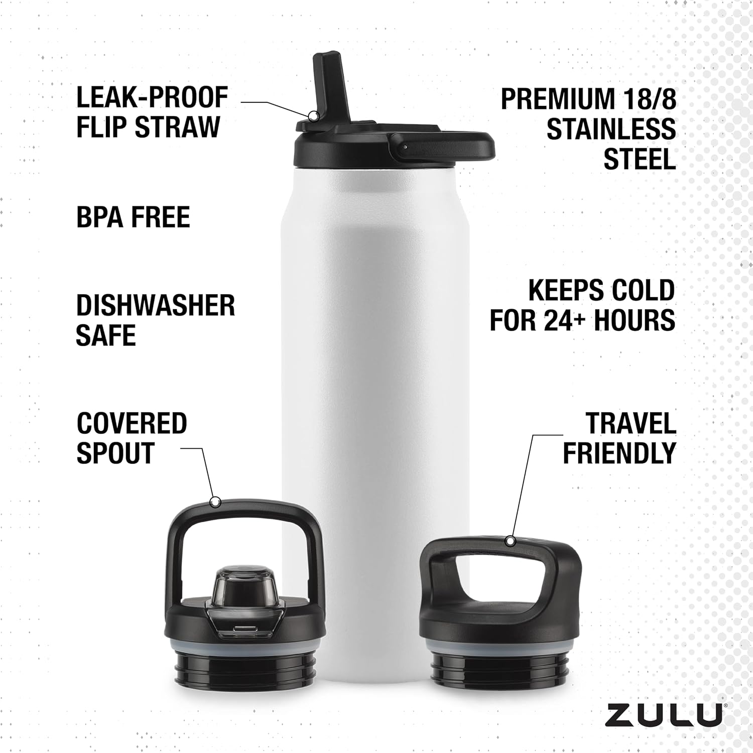 ZULU Base 40oz Stainless Steel Water Bottle with 3 Lids- Straw, Chug, Twist | Double Walled and Vacuum Insulated Metal Thermos | For Gym, Outdoor | Built in Carry Loop, Dishwasher Safe, White