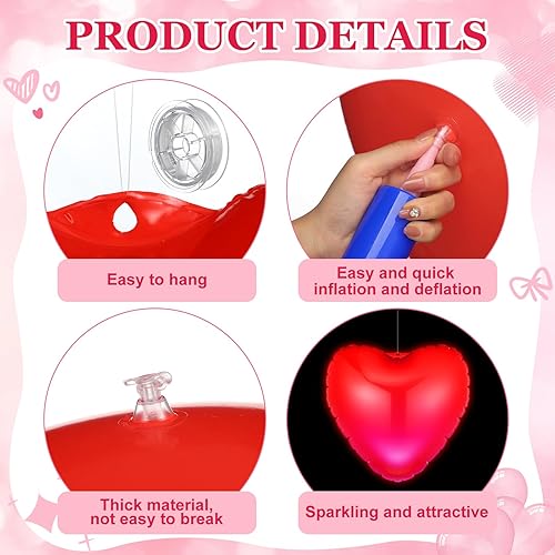 Miniatura 4 de Jetec 12 piezas de corazón inflable de 9 pulgadas para el día de San Valentín, decoración al aire libre con luces LED, PVC, San Valentín, corazón al
