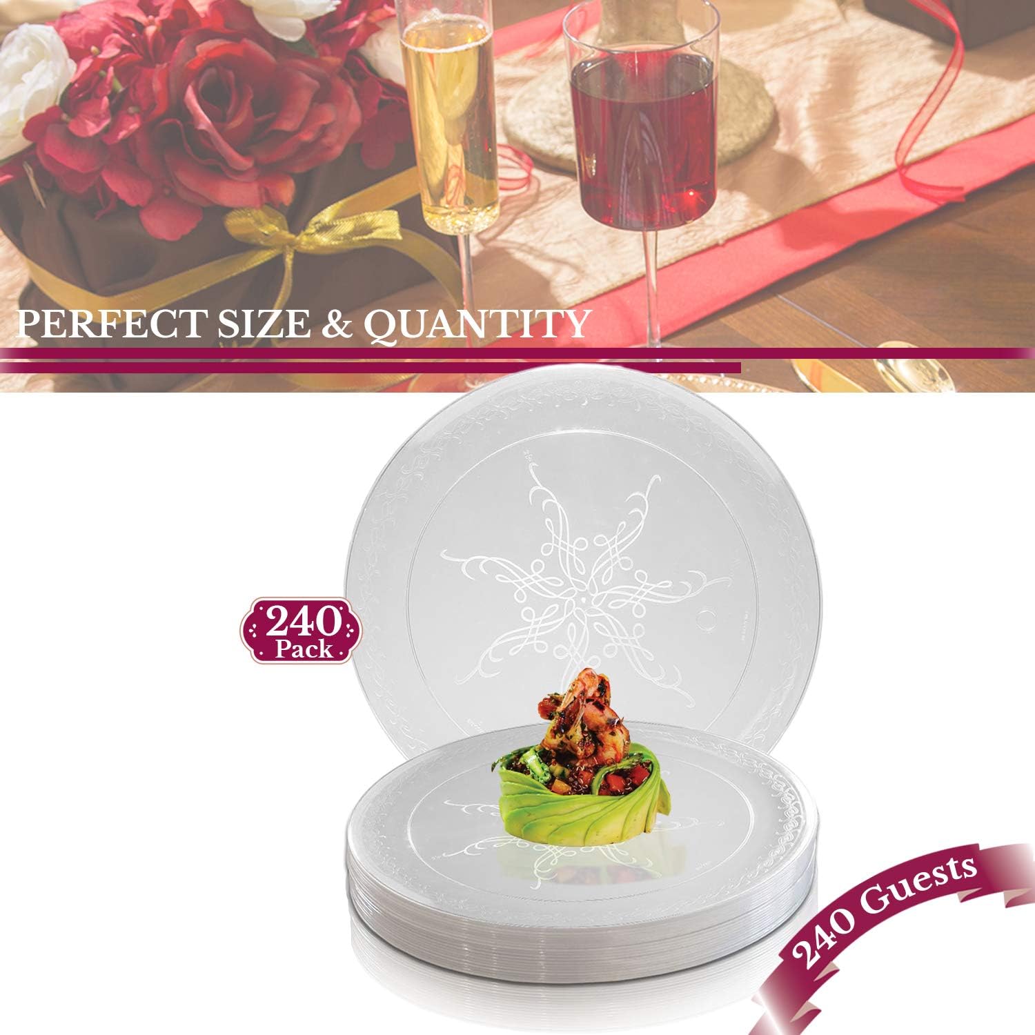 Elegant Disposable Plastic Dessert Plates 240 Pcs - 6" Heavy Duty Fancy Clear Salad Plates - Appetizer Cake Plates - Bulk Party Supplies For Wedding, Easter, Birthday Parties & All Occasions