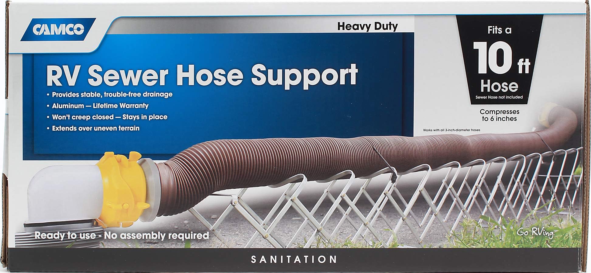 Camco Aluminum Sewer Hose Support, Supports Sewer Hoses Up to 10', Includes Strap Kit to Secure Your Hose in Place, Durable Construction, Lightweight Design, 40351