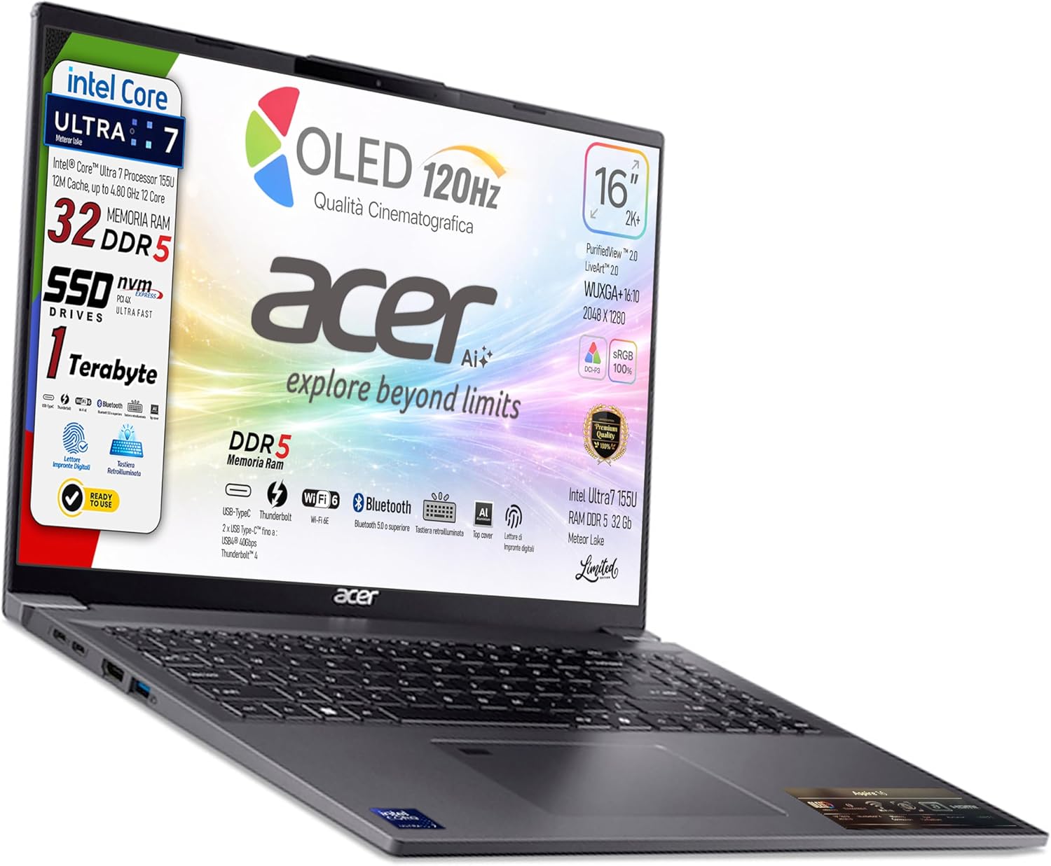 Notebook Acer Aspire, Display 16″ OLED WUXGA+ 120Hz, Intel Ultra7 155U 12Core, RAM DDR5 32Gb, SSD PCI 1Tb, Thunderbolt 40Gb/s, Tastiera Italiana Retroilluminata, Impronta Digitale, Pronto all’Uso