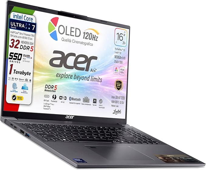 acer Notebook Aspire, Display 16" OLED WUXGA+ 120Hz, Intel Ultra7 155U 12Core, DDR5 RAM 32Gb, SSD PCI 1 Tb, Thunderbolt 40Gb/s, Tastiera retroilluminata Italiana, fingerprint, Pronto all'Uso