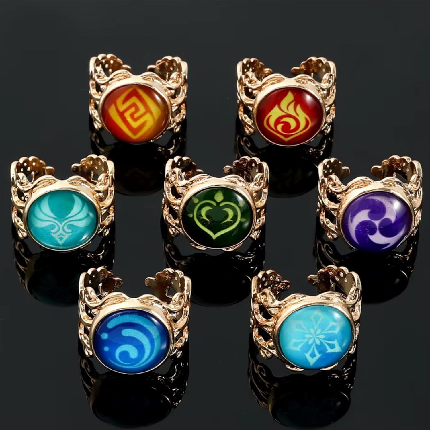 retsamradassaT Genshin Vision Impact Adjustable Cosplay Costume Rings, Set of 7 Elemental Anemo Geo Electro Dendro Hydro Cryo Pyro Element