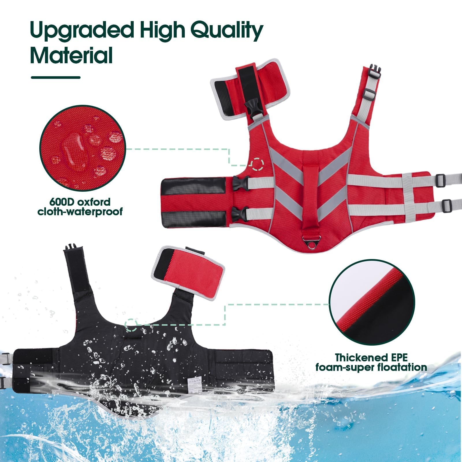 Kuoser Dog Life Jacket with Reflective Stripes - Adjustable High Visibility Vest, Ripstop Lifesaver, Pet Preserver with High Flotation Swimsuit for Small, Medium and Large Dogs