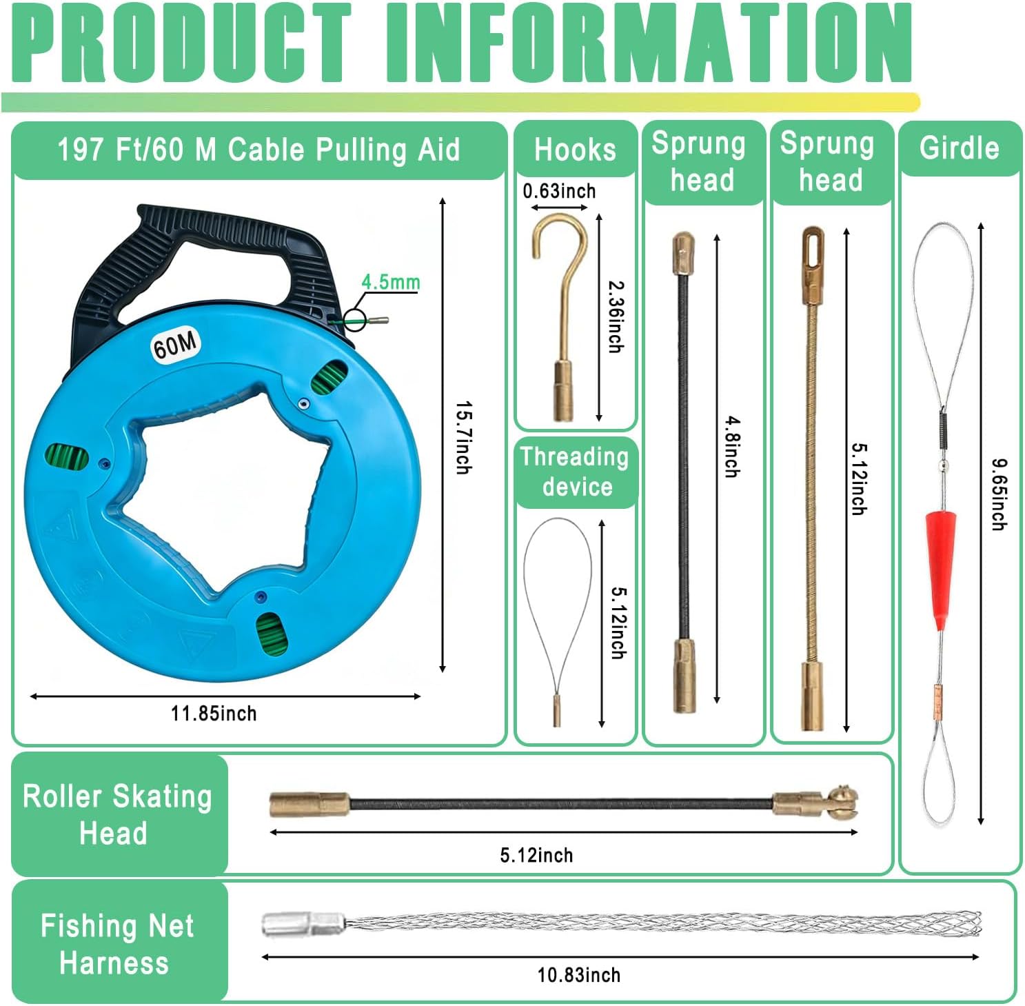 4.5mm 196FT Fiberglass Fish Tape Wire Puller, Electrical Cable Running Rod with 7 Leader Tips & Steel Reel Stand, PET Wire Fishing Tool for Professional Wiring Projects