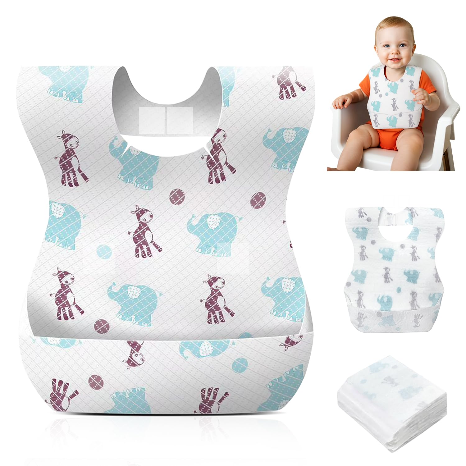 Baberos Desechables 30 Unidades con Bolsillo Recoge Comida – Babero de un Solo Uso Impermeable y Transpirable, Ultra Ligero, Ajustable, Ideal para Bebés y Niños en Casa, Viajes y Guardería