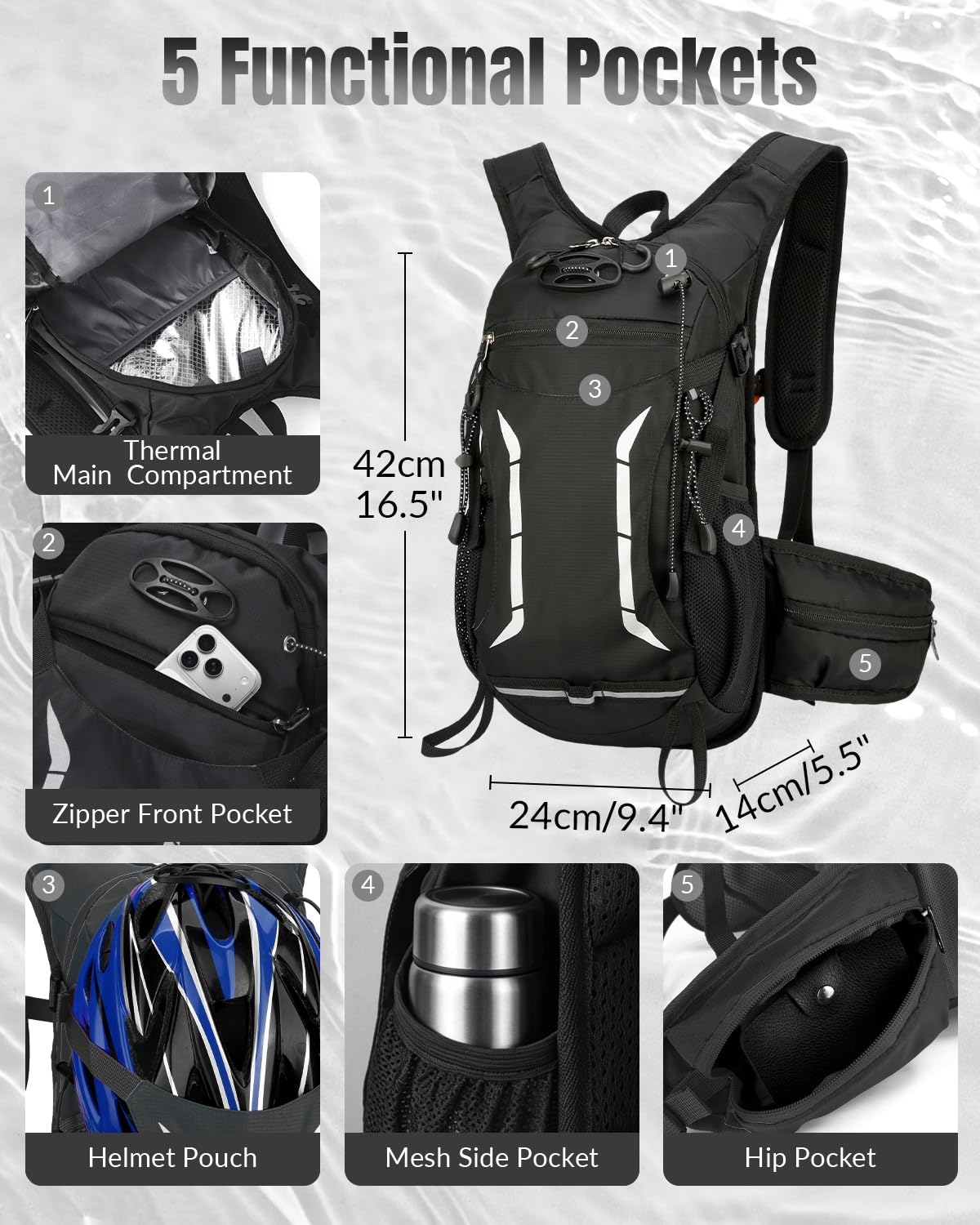Piccolo zaino da ciclismo per idratazione con sacca d'acqua da 2 litri, zaino da trekking impermeabile da 15 litri con fibbia per casco e cinghia toracica