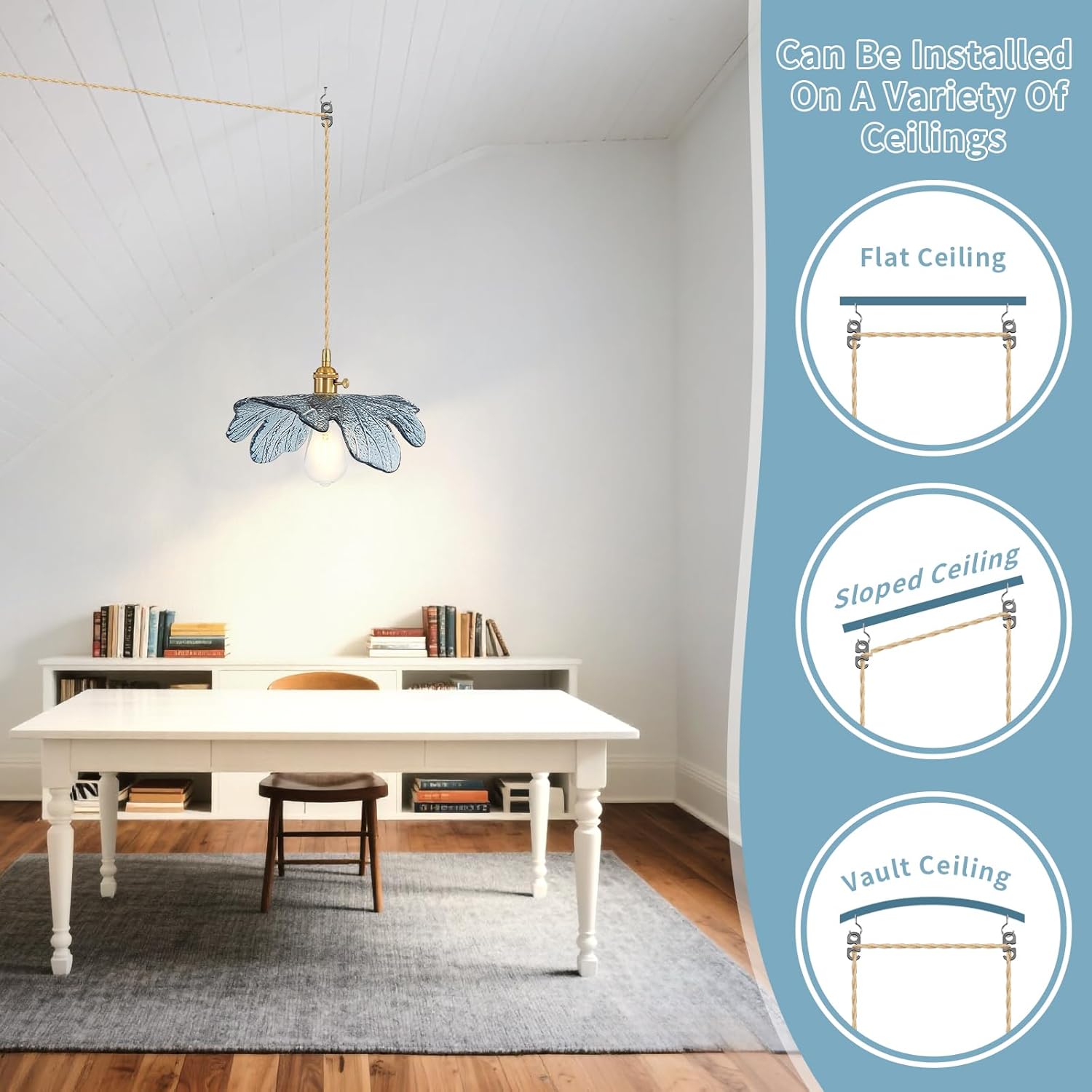 Plug in Pendant Light Hanging Light Plug in Bushed Brass Pendant Lighting 1-Light Glass Pendant Light Fixture Handmade Hanging Light for Kitchen Island Bedroom Dining Room Living Room