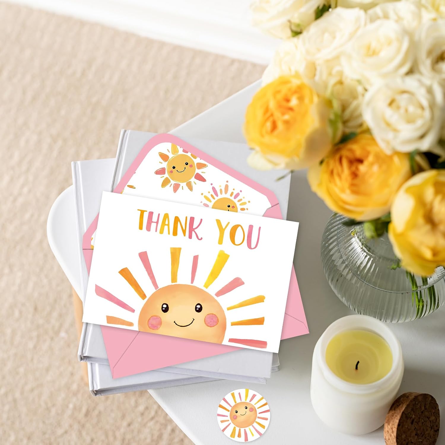Whaline 24 Pack Sunshine Thank You Cards Pink Orange Cartoon Sun Note Card with Envelopes Stickers Cute Greeting Blank Card for Birthday Baby Shower