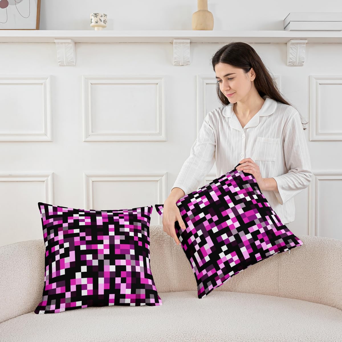 Miners Gaming Throw Pillow Covers (Pack of 2),Purple Pixelated Cushion Cover for Girls Boys Teens Geometric Plaid Pillow Cases Modern Cool Living Room Sofa Bed Decor,22" Lx22 W image 3