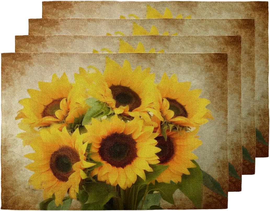 Vintage Sunflower Placemats Set of 6 Fabric Placemats 12x18 Inch Square Placemat for Kitchen Table Heat Resistant, Easy to Clean Table Placemats
