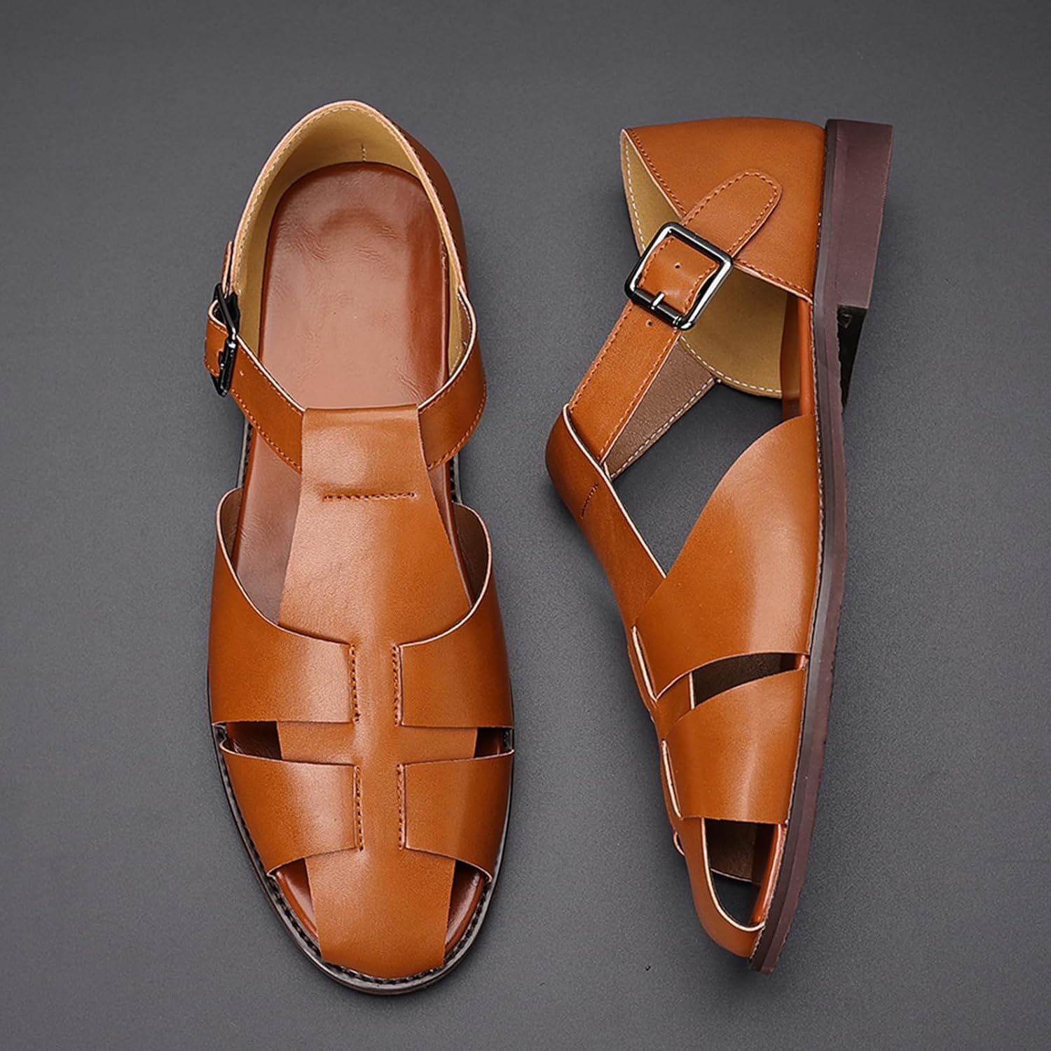 Men's Closed-Toe Flat Fisherman Sandals Lightweight Non-Slip Adjustable Hook & Loop Leather Wading Sandals for Summer Beach Casual Daily Wear