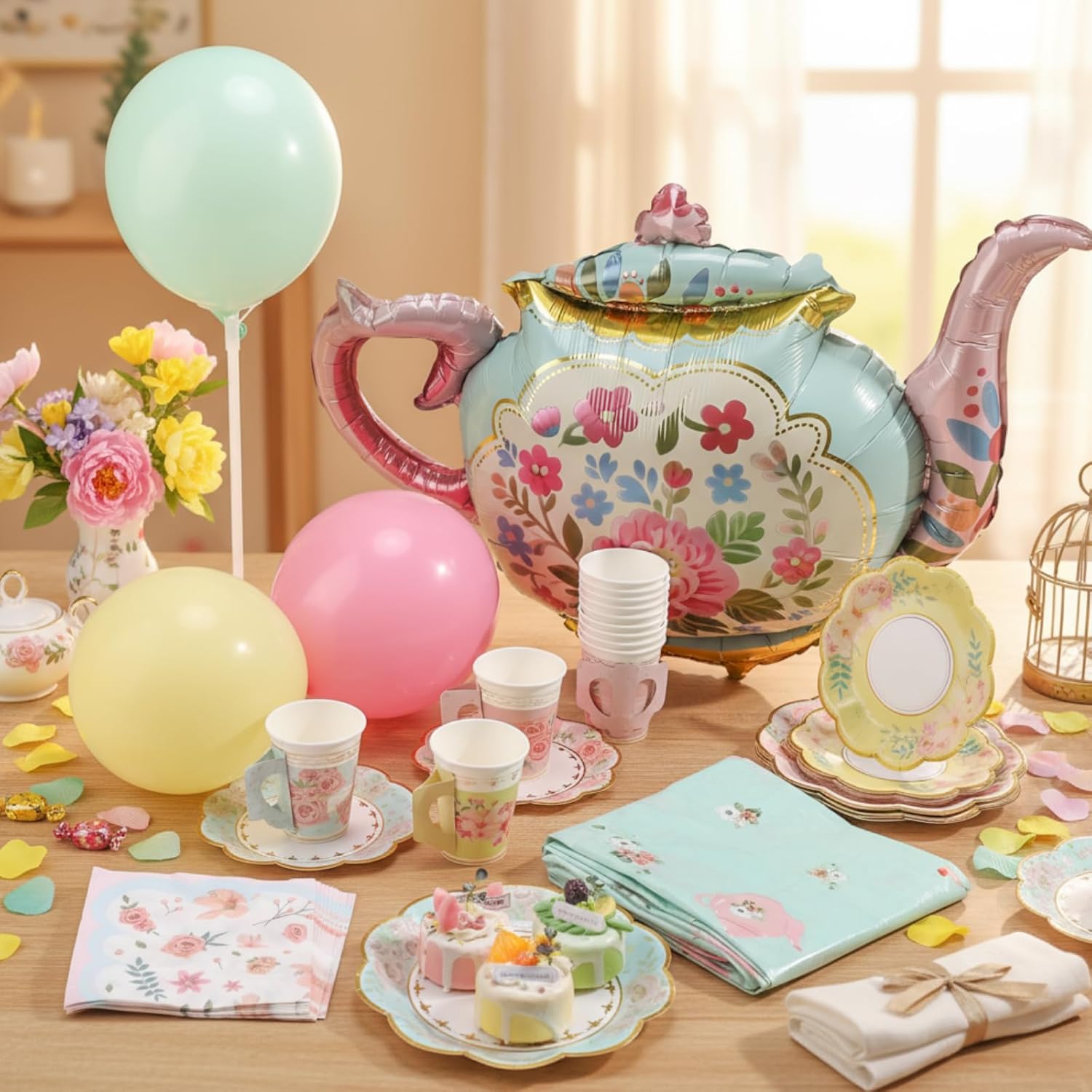 FoldTier 174 Pcs Tea Party Decorations and Supplies for 12 Guests, Floral Disposable 7" and 9" Paper Plates, Paper Cups, Napkins, Tablecloths, Balloons for Floral Birthday Party Wedding Baby Shower