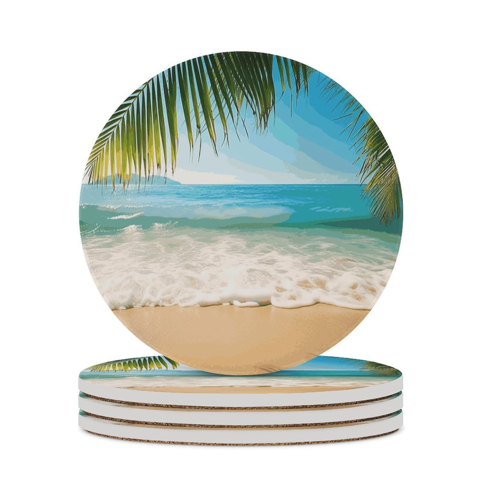 Ocean Sea Beach Palm Leaves Coaster with Cork Base Drink Coasters for Coffee Table Decor Modern Cup Coasters with Non-Slip & Heat-Resistant Cute Ceramic Table Coaster for Home Dining
