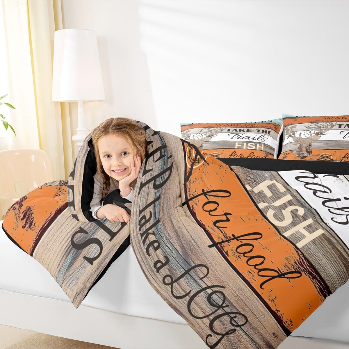 Erosebridal Hunting Deer Bedding Set, Rustic Farmhouse Comforter Set Twin Size, Retro Wooden Barn Door Duvet Insert Woodland Wildlife Animal Down Comforter Lodge Cabin Gifts for Women, Orange Brown