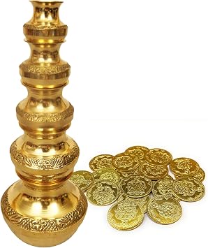 Brass Small Gubera Lota with 11 Lakshmi Kubera Gold Coins Set of 5 Pooja Kalash Pots for Wealth & Prosperity | Diwali & Varalakshmi Pooja Kalasam