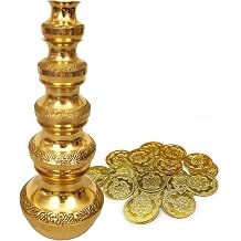 Brass Gubera Lota with 11 Lakshmi Kubera Coins Kubera Pot Set of 5 Brass Pooja Kalash Pot for Wealth Puja Kalasam with 11 Gold Coins for Diwali, Vara Lakshmi Pooja