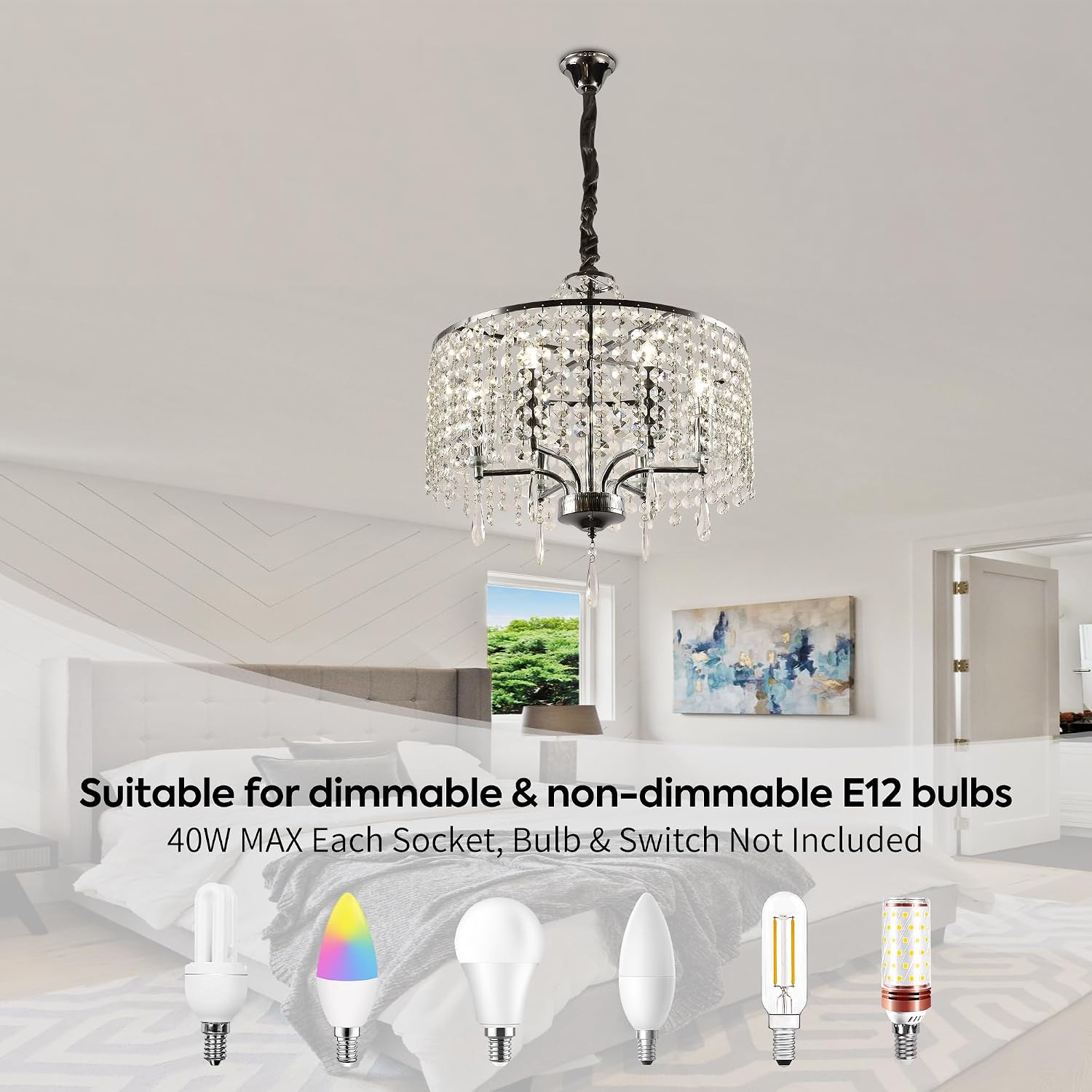 Modern 19Inch Crystal Chandelier Pendant Light Fixtures,E12 Chrome Ceiling Lights Length Adjustable Hanging Light Sconce for Living Room Bedroom Kitchen Restaurant, Pendant Lamp Indoor Lighting