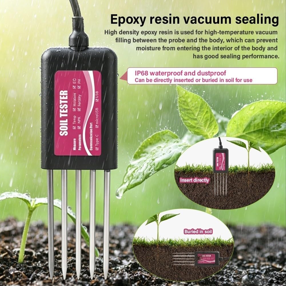 Medidor de Suelo para Jardín, Analizador NPK pH Humedad Temperatura, Sensor para acero Inoxidable IP68, para herramienta para profesional 140mm