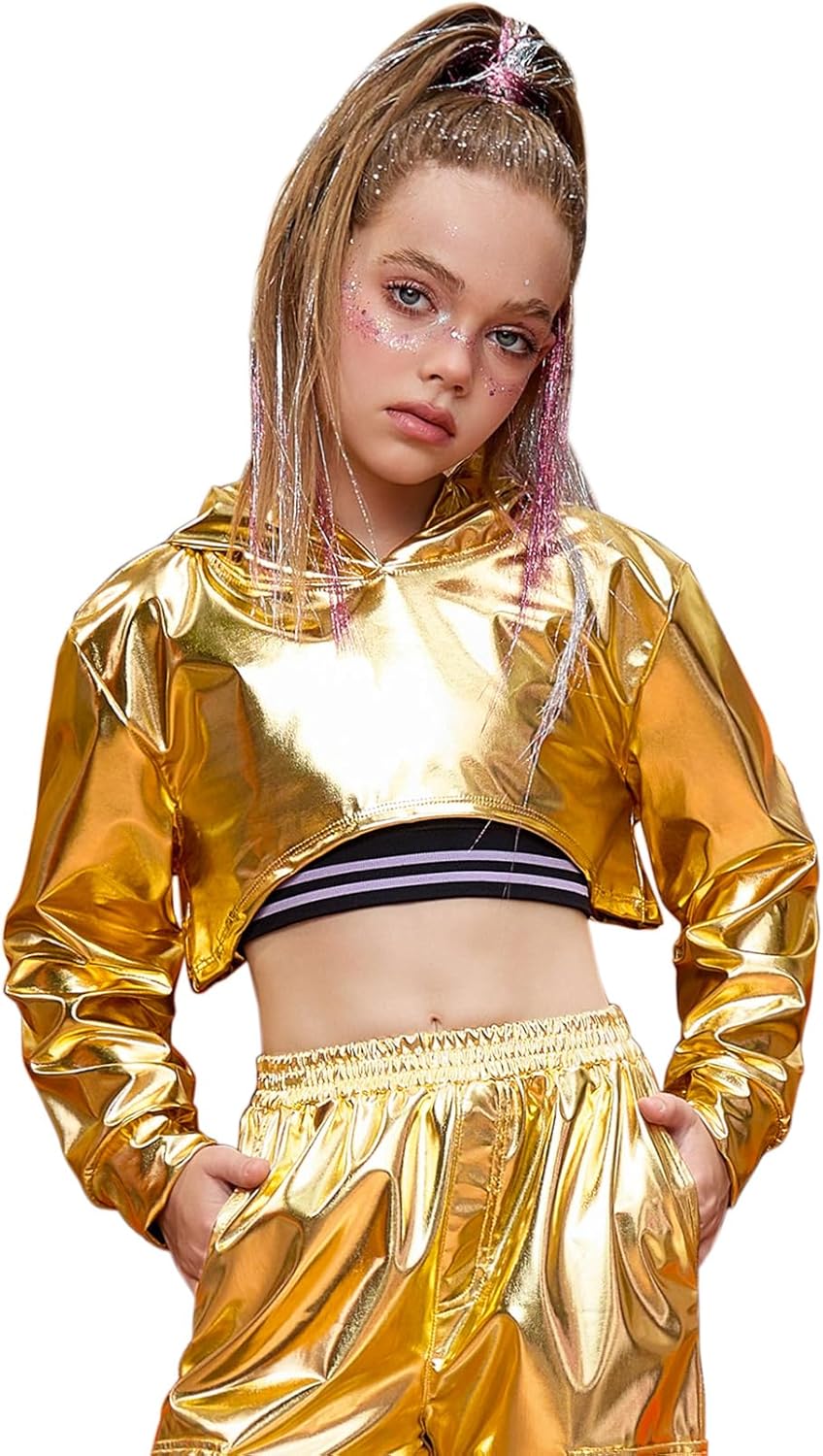 Perfashion Girls Long Sleeve Metallic Crop Tops Hip Hop Dance Hoodie Cropped Sweatshirt 4-13Y