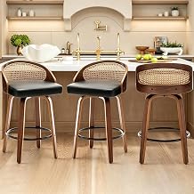 Swivel Rattan Bar Stools Set of 3 with Back,Black Leather barstool chairs
