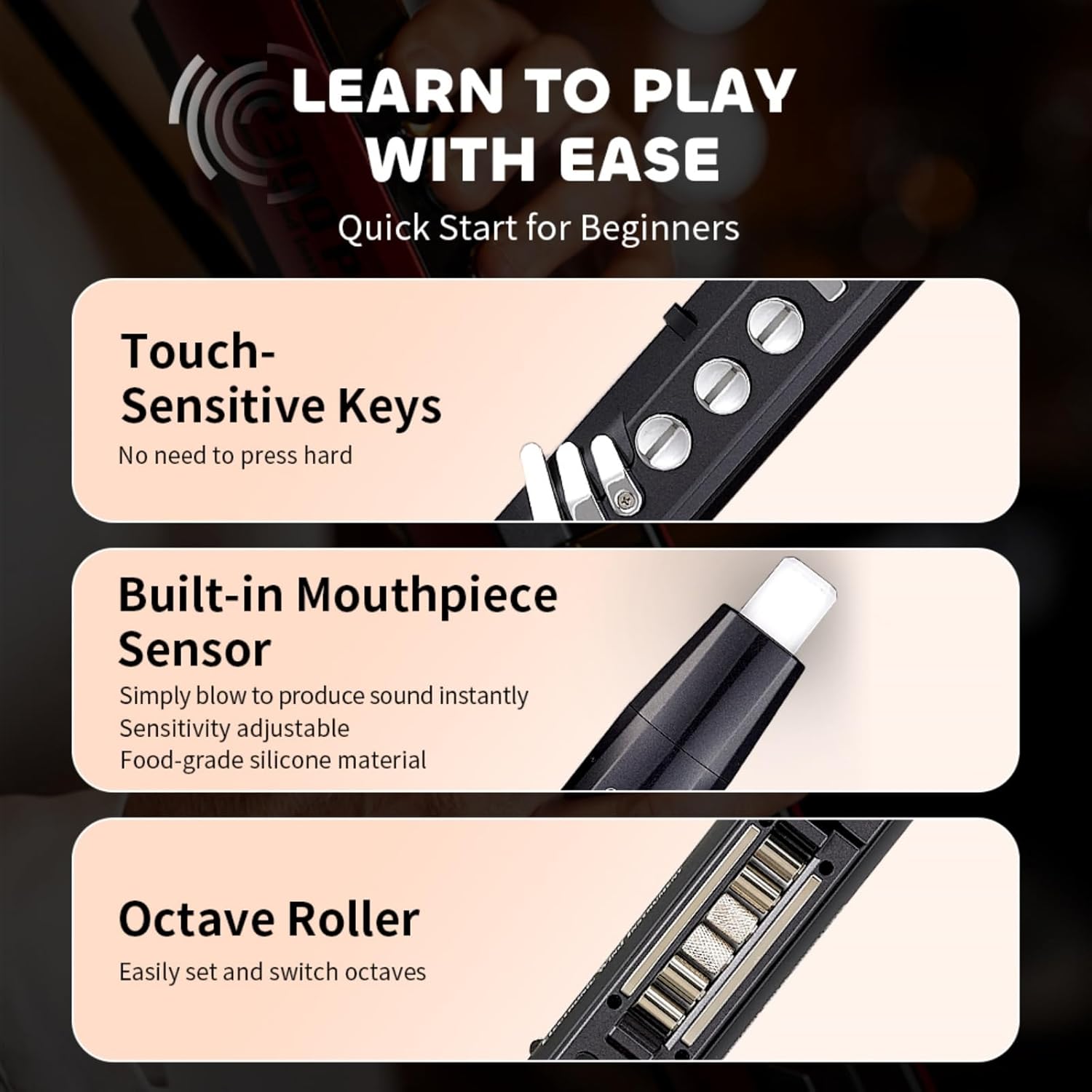 Close-up of the GREATEN AP 300 Pro showing touch-sensitive keys, a built-in mouthpiece sensor, and an octave roller, with text 'Learn to Play With Ease'.