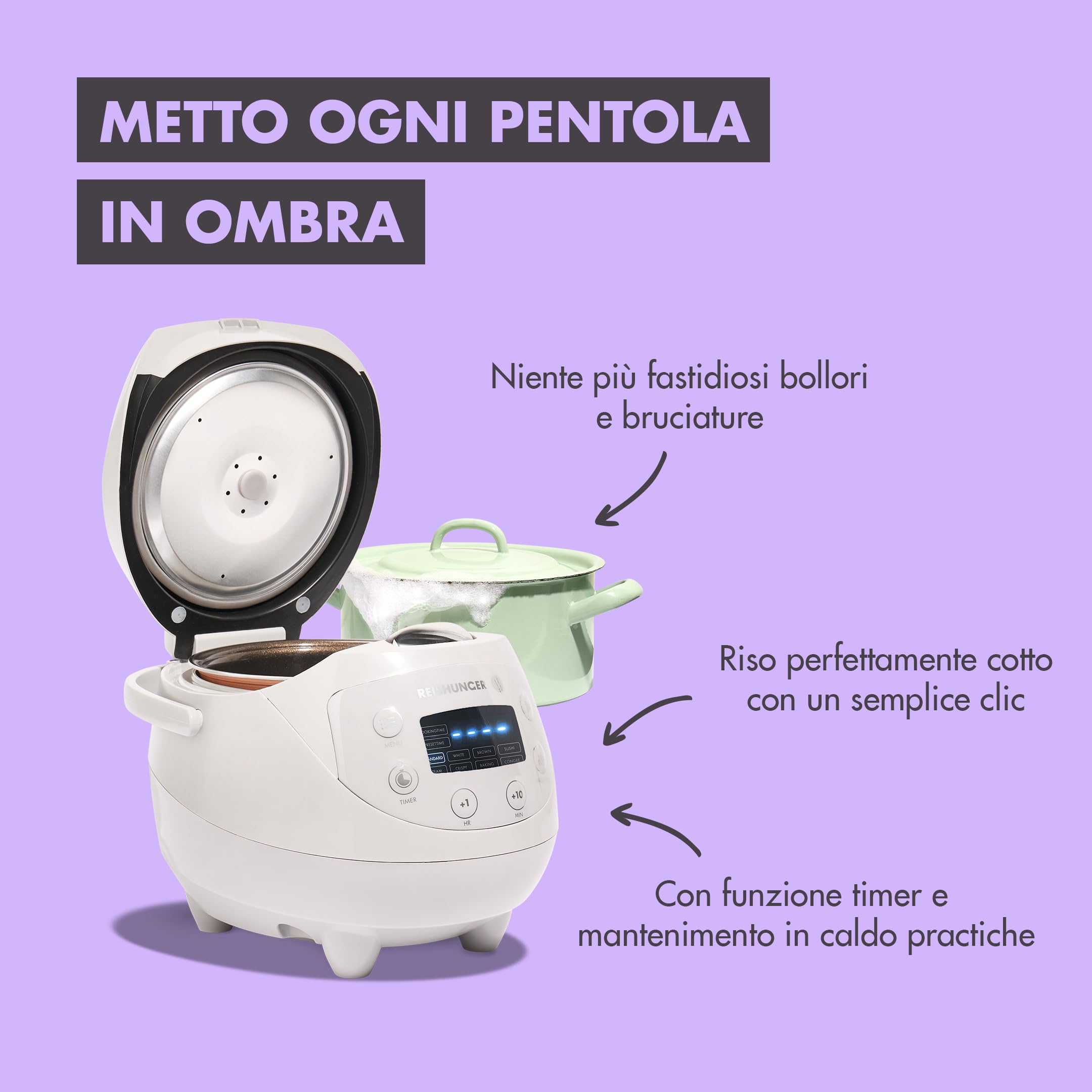 Reishunger Mini Cuociriso Digitale - Vaporiera Multifunzione Grigio Fino a 3 Persone con 8 Programmi, Tecnologia a 7 Fasi, 0.6L - Con Display LED e Funzione di Mantenimento del Caldo
