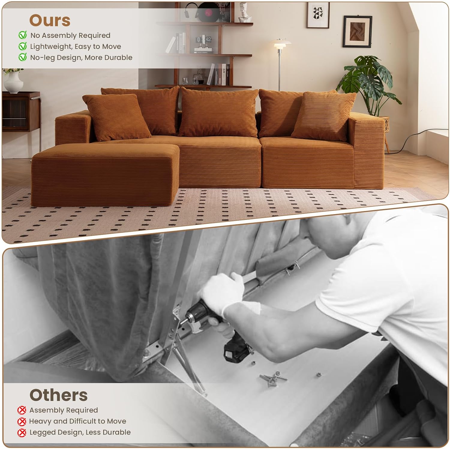 108" L-Shaped Boneless Couch, Modular Sectional Sofa with Moveable Ottoman, Corduroy Cloud Couches for Living Room, No Assembly, Ship in a Box, Burnt Orange