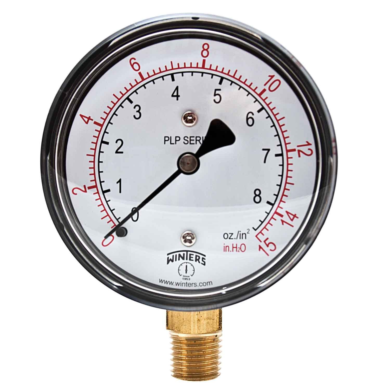 Winters PLP Series Steel Dual Scale Low Pressure Gauge with Brass Internals, 0-15" Water/Oz, 2-1/2" Dial Display, +/- 3-2-3% Accuracy, 1/4" NPT Bottom Mount