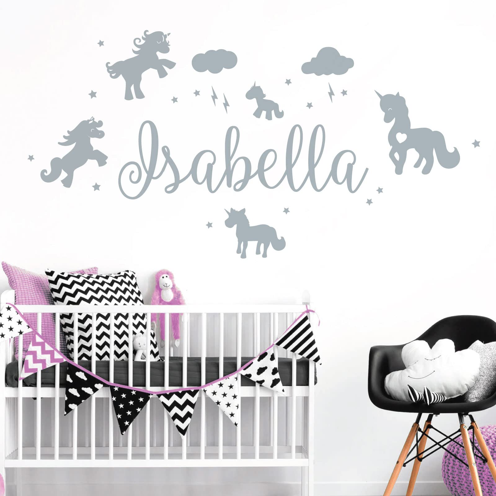 Unicorns, Stars & Clouds - Personalised Name Girls Wall Art Sticker [Large] [Silver]