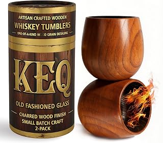 KEQ Charred Wooden Bourbon Drinking Glass | Old Fashioned Glass | Thoughtful Bourbon Gifts for Men,Boy Friend,Husband or Father | Ideal for Camping,Patio BBQs & Home Bar(2 Pack,11 oz)