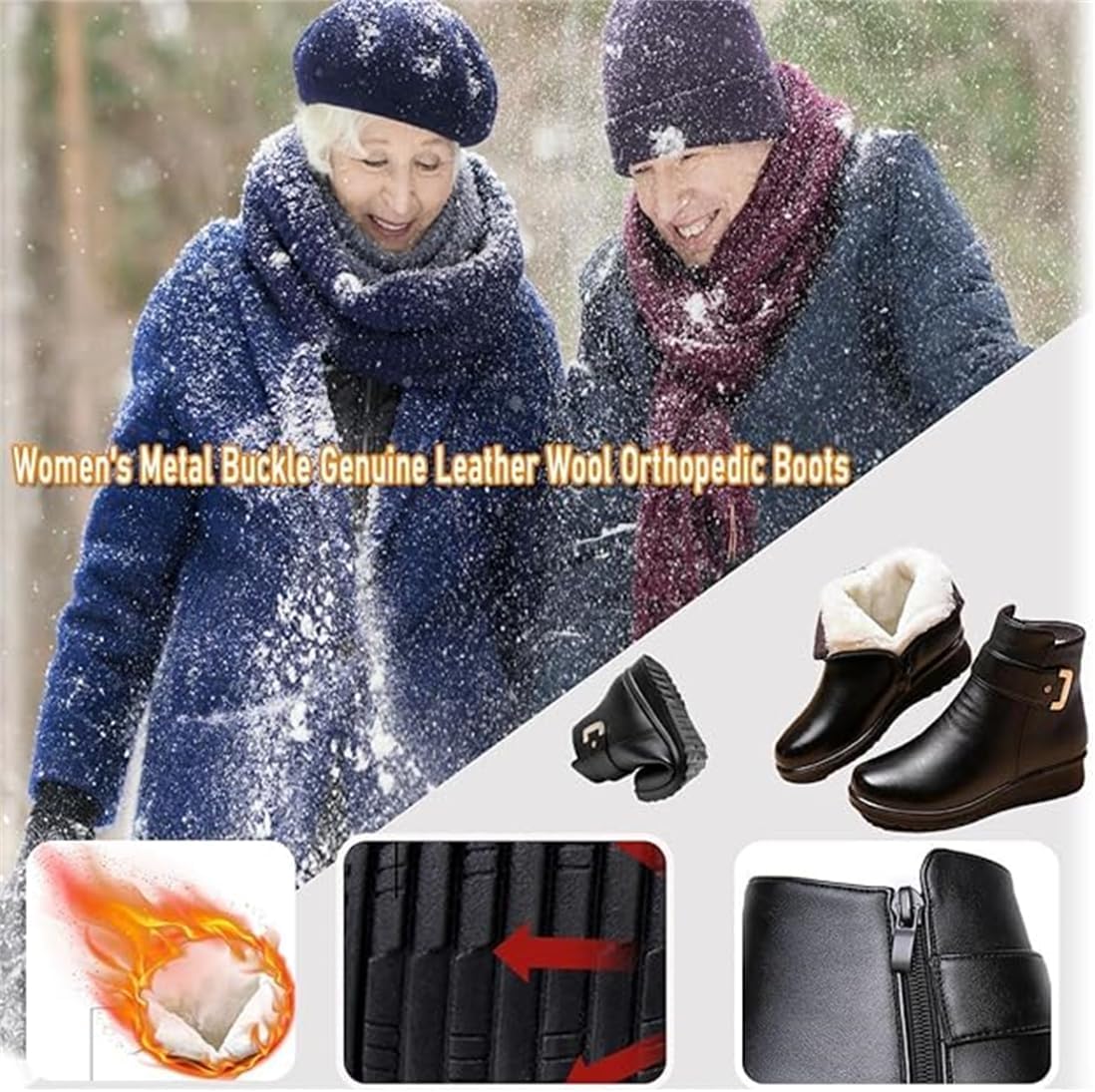 Women's Metal Buckle Genuine Leather Wool Orthopedic Boots, Winter Warm Non-slip Plush Lined Side Zipper Leather Boots, Waterproof Orthopedic Ankle Boot - Image 3