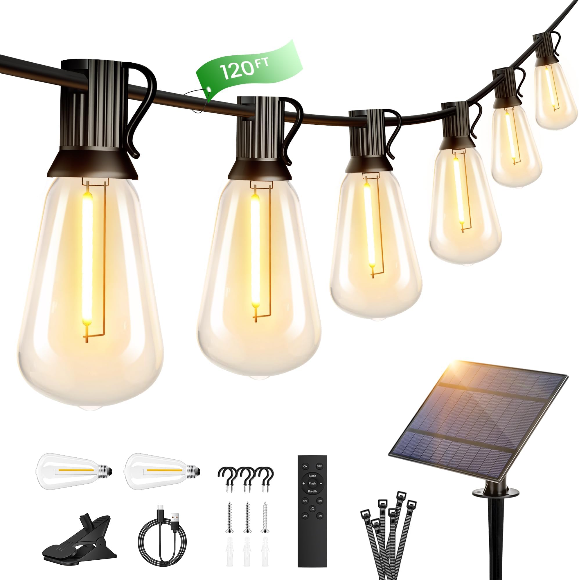 OHLUX 120FT Solar String Lights Outdoor with Remote, 2200K Soft Warm Patio Lights with 52 Shatterproof ST38 Tear-Drop LED Filament Bulbs, Dimmable Outside Edison Hanging Light for Backyard Deck Roof