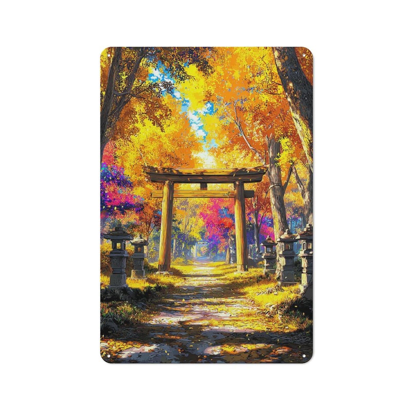 Junmoney Autumnal Torii Gate Serenity -4 Loft Style Metal Wall Decor 30X20cm, Decorative Metal Plaque For Loft, Studio, Office Or Creative Room