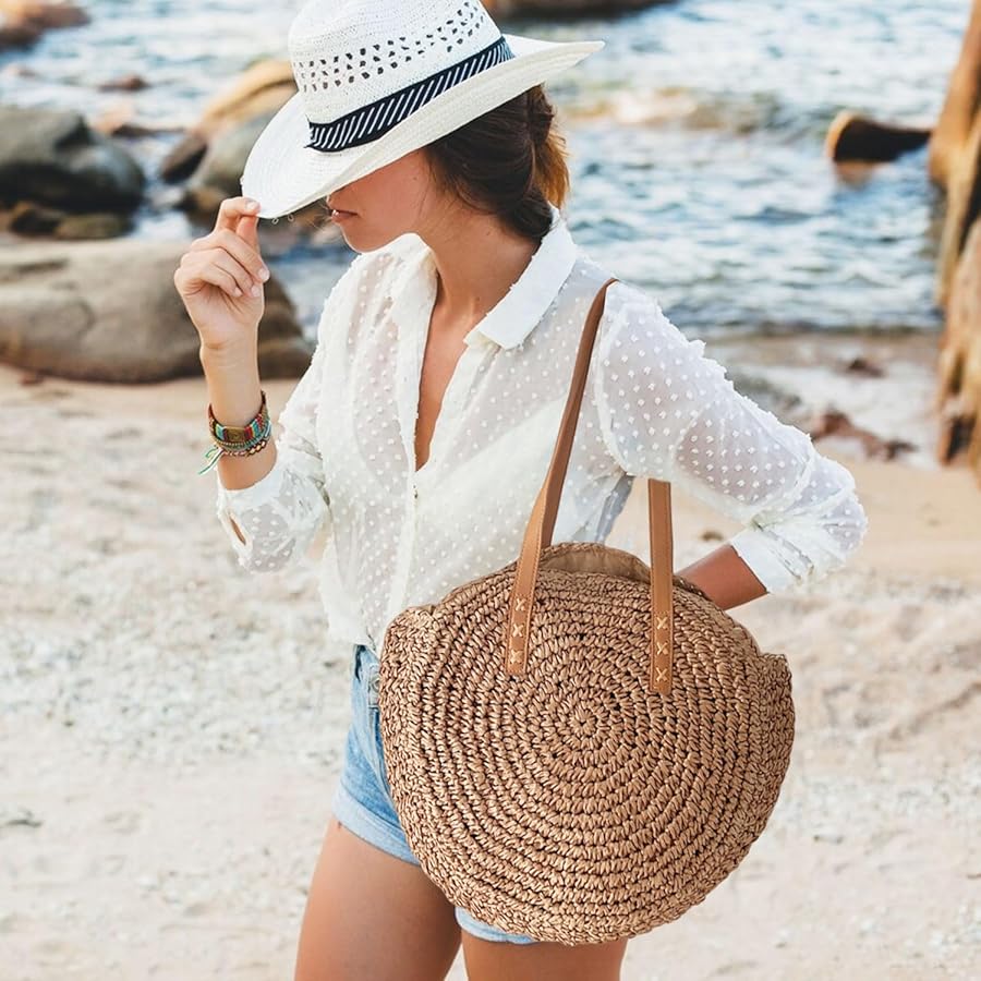 Borsa In Paglia Intrecciata A Mano - Tracolla Rotonda Da Spiaggia Con Cerniera